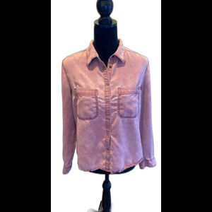 Express‎ Blouse Button Down Snaps Size Medium Distressed Pink Collared Pockets